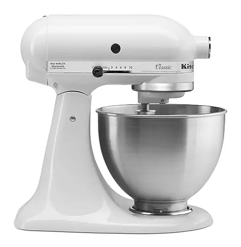 KitchenAid white stand mixer with tilt-head design