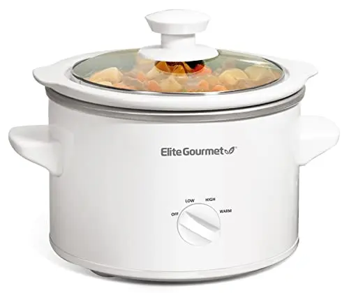 Elite Gourmet 1.5 quart slow cooker in white with glass lid and stoneware pot