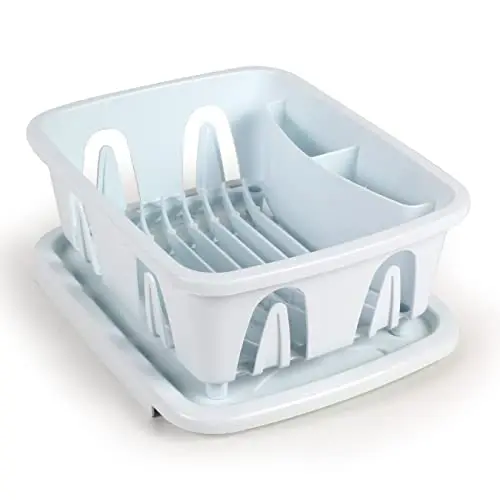 Camco mini dish drainer with sloped tray on a small counter