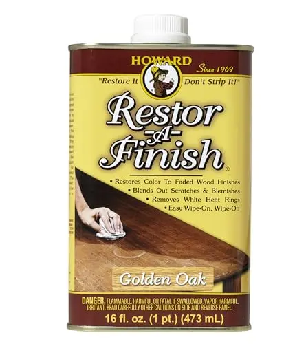 Howard Restor-A-Finish restoring golden oak finish on kitchen cabinet