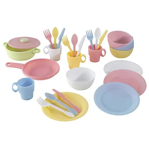 KidKraft pastel colored plastic cookware set with plates, cups, bowls and utensils