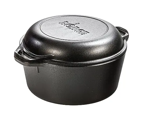 Lodge 5 quart cast iron Dutch oven with dual handles and skillet lid