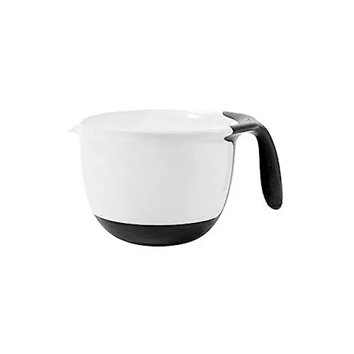 OXO Good Grips 2QT white plastic mixing bowl with red measurement markings and non-slip base