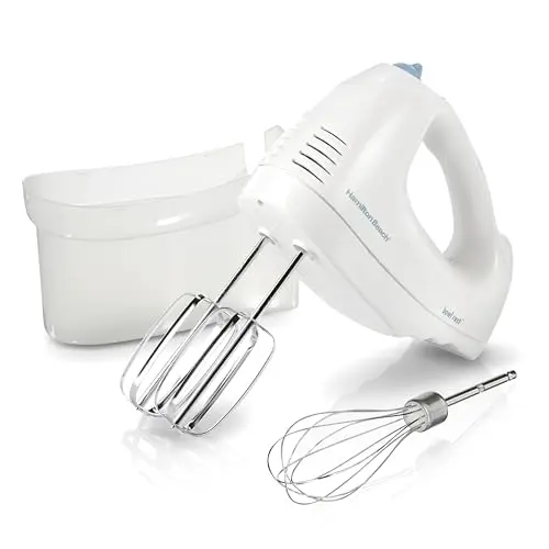 Hamilton Beach white electric hand mixer with snap-on storage case