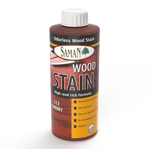 SamaN water-based wood stain in cherry color applied to cabinet surface