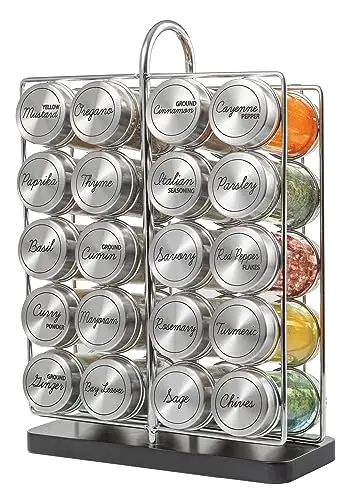 Stainless steel spice rack with 20 glass jars organized vertically
