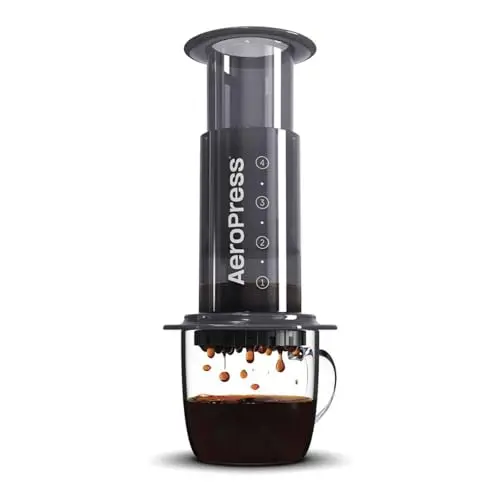 AeroPress portable coffee maker showing compact cylindrical design with plunger and filters