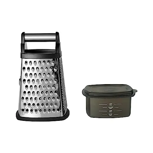 KitchenAid black stainless steel box grater with four sides and storage container