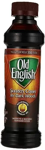 Old English Scratch Cover hiding scratches on dark wood kitchen cabinet