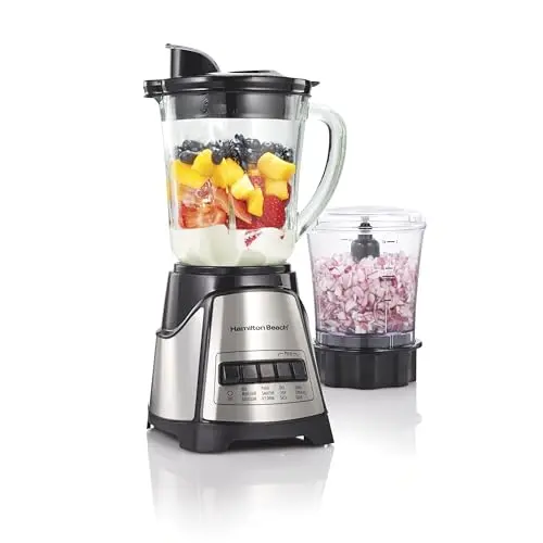Hamilton Beach blender with glass jar and vegetable chopper attachment