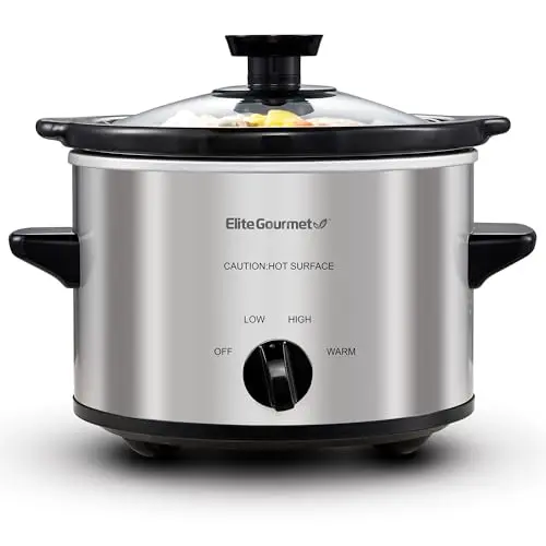 Elite Gourmet 1.5 quart slow cooker in stainless steel with removable stoneware pot