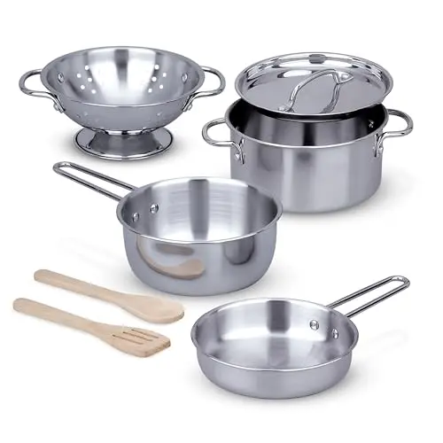 Melissa & Doug stainless steel pots and pans set with wooden utensils on metal storage rack
