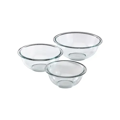 Pyrex glass mixing bowls set showing three nested bowls
