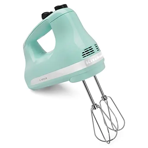 KitchenAid ice blue electric hand mixer with stainless steel beaters