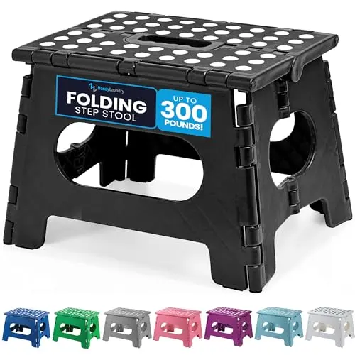 Handy Laundry black folding step stool shown open and folded