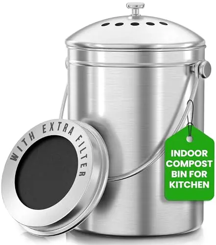 Utopia Kitchen silver compost bin with lid on countertop