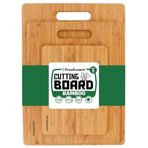 Freshware bamboo cutting board set with three different sizes and hanging holes