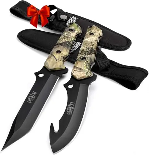 Mossy Oak 2-piece fixed blade hunting knife set with yellow camo handles