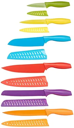 Amazon Basics color-coded kitchen knife set with multiple colored handles