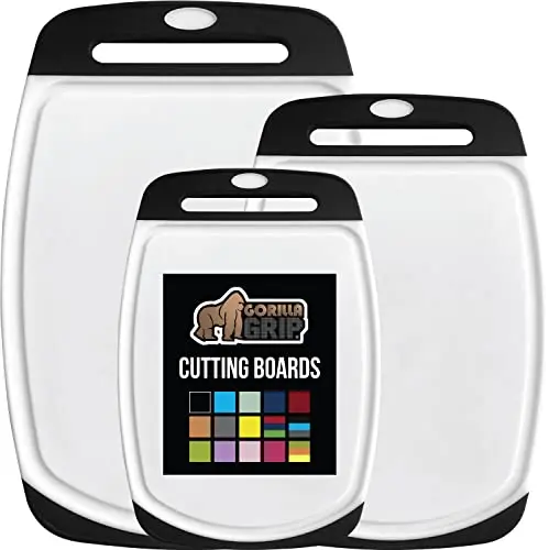GORILLA GRIP reversible plastic cutting board set with three sizes and juice grooves