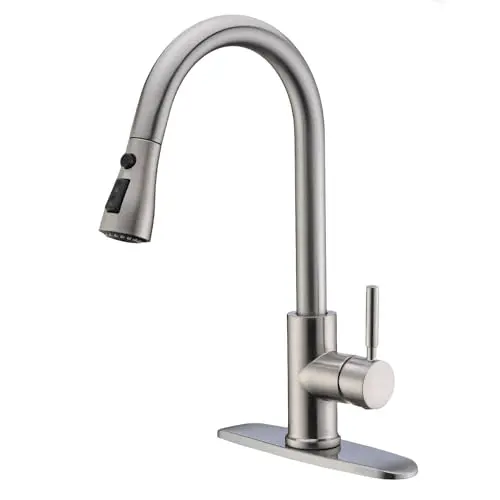 WEWE pull down kitchen faucet in brushed nickel with high arc design