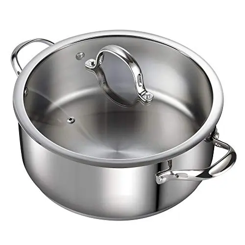 Cooks Standard stainless steel Dutch oven with glass lid on induction stove