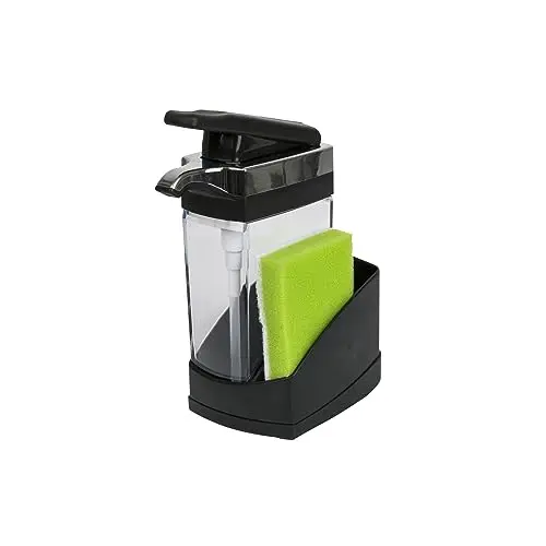 Casabella black and chrome soap dispenser with built-in sponge caddy