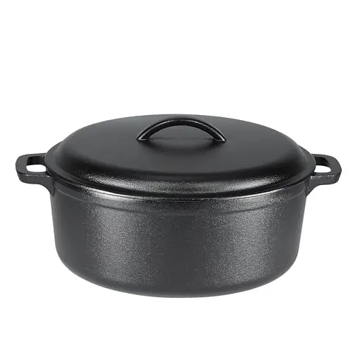 Amazon Basics 7 quart pre-seasoned cast iron Dutch oven in black