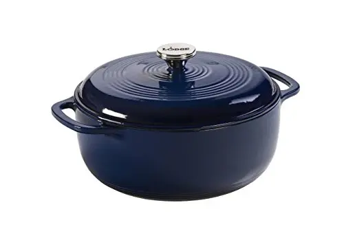 Lodge enameled cast iron Dutch oven in indigo color on induction cooktop