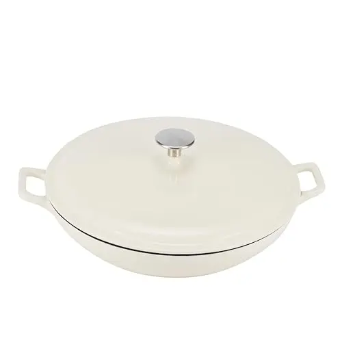 Amazon Basics enameled cast iron casserole skillet with lid and steak