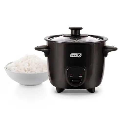 DASH mini rice cooker in black with compact cube design