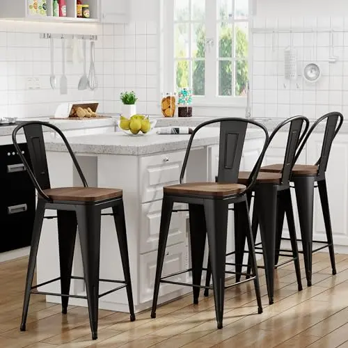 Yongqiang farmhouse bar stool set with metal frame and wooden seat