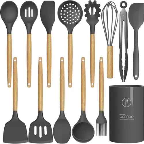 Oannao silicone cooking utensils set with wood handles