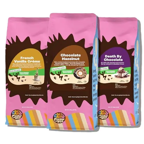Crazy Cups decaf flavored ground coffee variety pack with three flavors