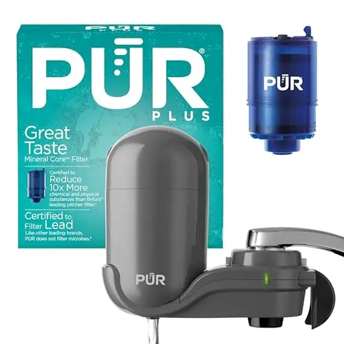PUR PLUS vertical faucet mount water filtration system in grey