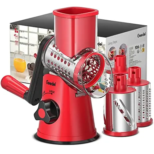 Geedel red rotary cheese grater with suction base and multiple blades