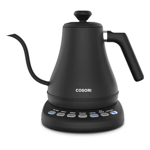 COSORI gooseneck electric kettle with temperature presets in matte black