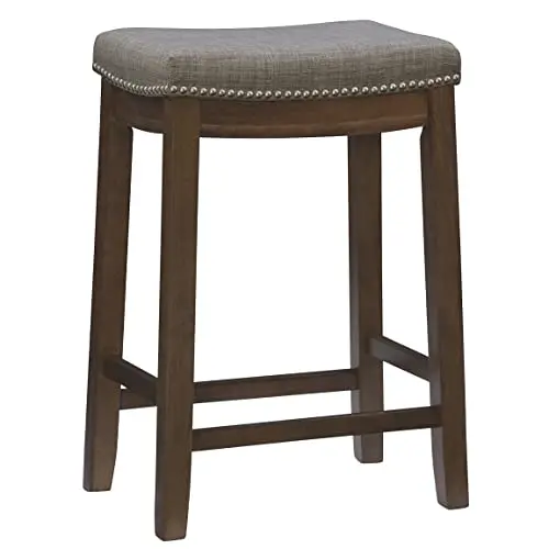 Linon rustic counter stool with grey linen weave seat and dark brown finish