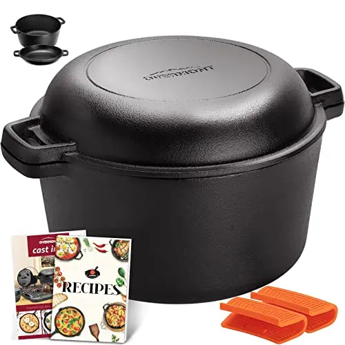 Overmont black pre-seasoned cast iron Dutch oven with skillet lid