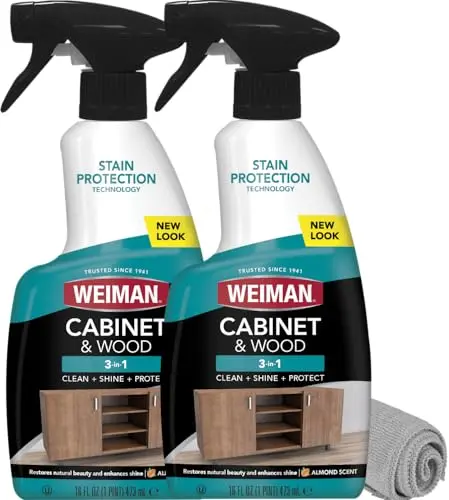 Weiman Cabinet and Wood Cleaner spray bottle with microfiber cloth