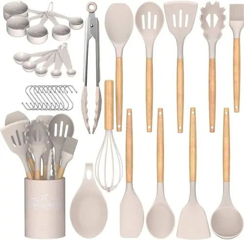 Umite Chef 33-piece silicone kitchen utensil set with wooden handles