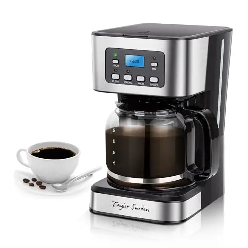 Taylor Swoden programmable drip coffee maker in black and stainless steel