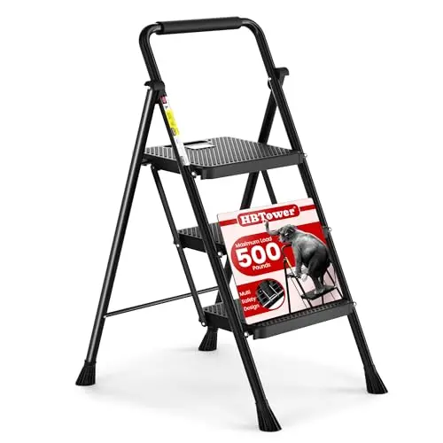 HBTower 3-step steel ladder in black with non-slip pedals and handgrip