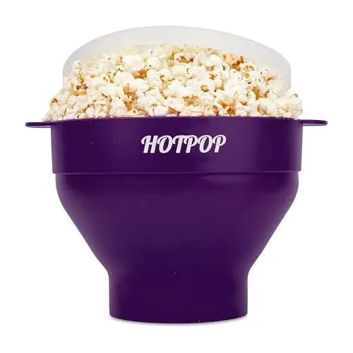 Hotpop silicone popcorn popper in dark orchid color collapsed for storage