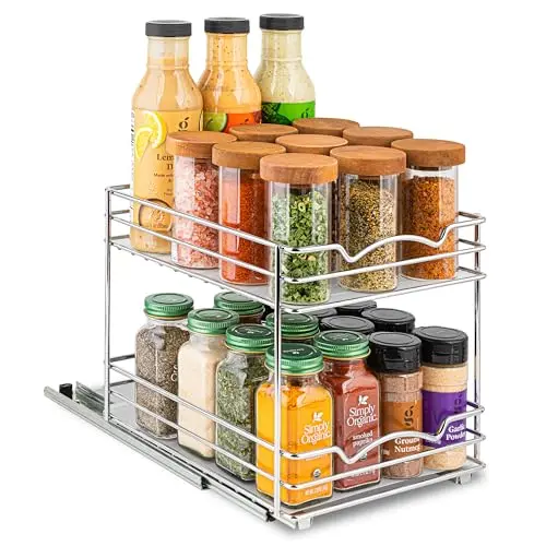 Chrome pull-out spice rack inside kitchen cabinet
