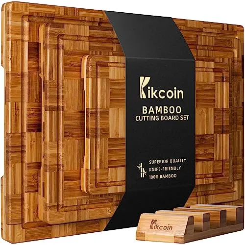 Kikcoin bamboo cutting board set with storage rack