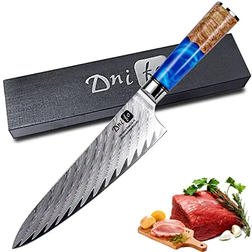 Dnifo 8-inch Damascus steel chef knife with blue resin wood handle