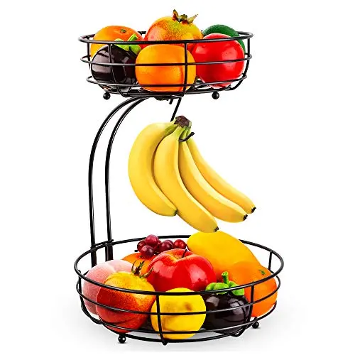 Auledio iron 2-tier fruit basket with banana hanger in kitchen setting