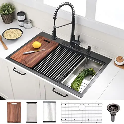 VOKIM 33-inch black drop-in kitchen sink workstation with accessories