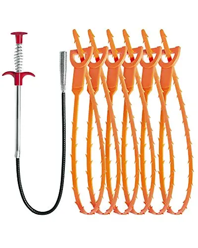 LONGGUI drain clog remover tool set with plastic snakes and metal grabber